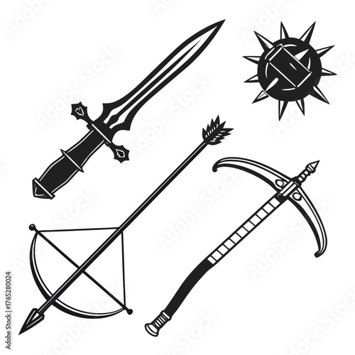Black medieval weapons set on white background sword