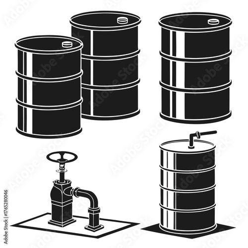 Black oil barrels and industrial valve illustration