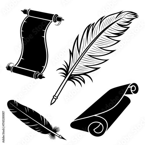 Black quill pens and rolled scrolls on white background