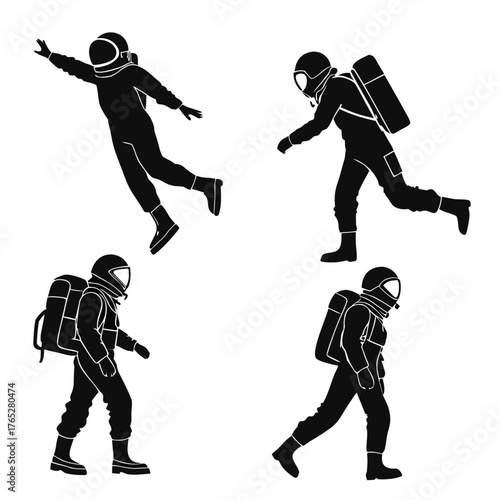 Black silhouette astronauts in various poses on white background