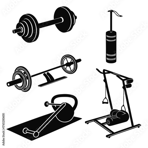 Black silhouette collection of gym equipment barbell