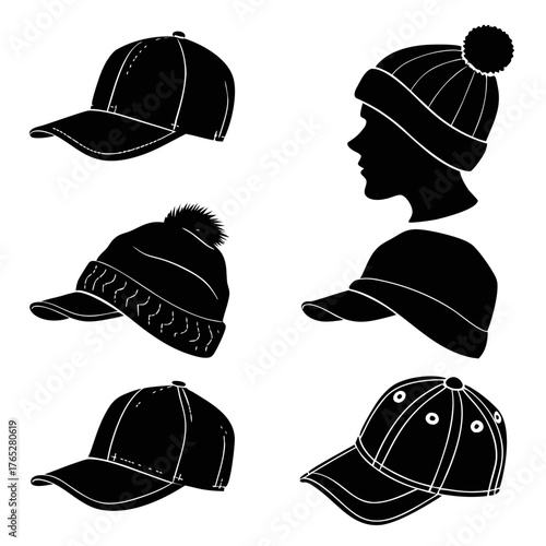 Black Silhouette Collection of Hats and Beanies baseball cap