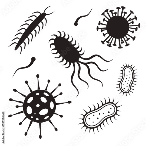 Black silhouette collection of viruses and bacteria