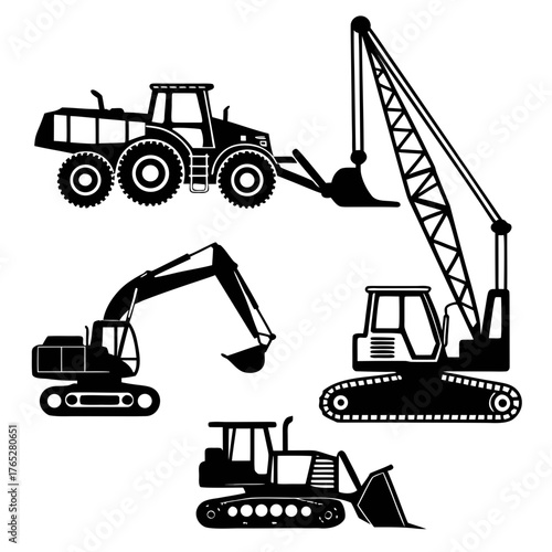 Black silhouette construction vehicles on white background