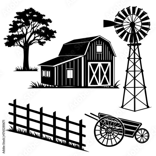 Black silhouette farm elements barn windmill fence cart tree