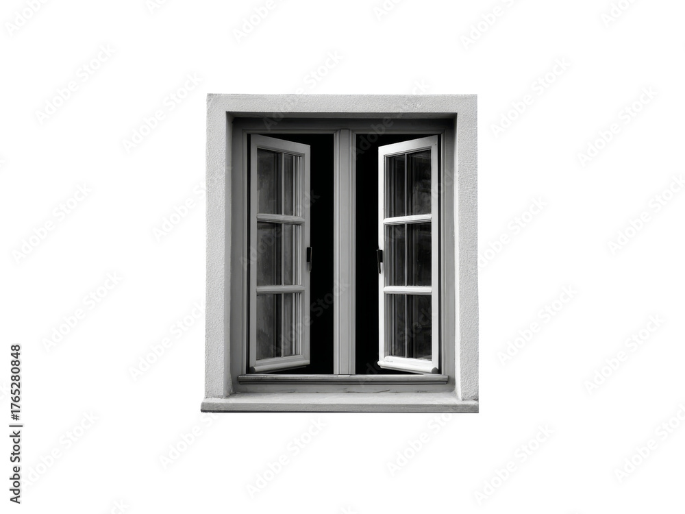Fototapeta premium Open window on black background, monochrome photography, architectural detail, Isolated On White Background, Png Transparent