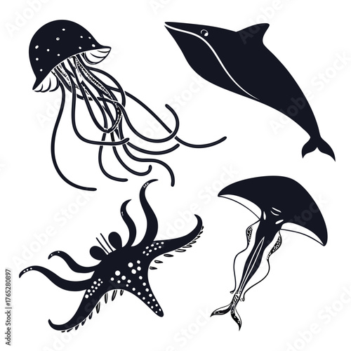 Black silhouette marine life collection on white jellyfish