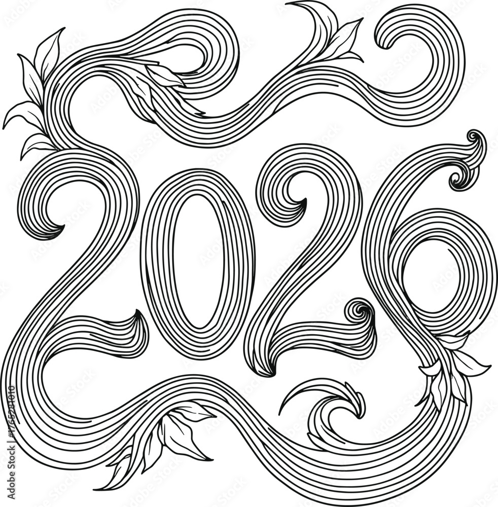Fototapeta premium 2026 ornate calligraphic lettering with floral elements on black background year