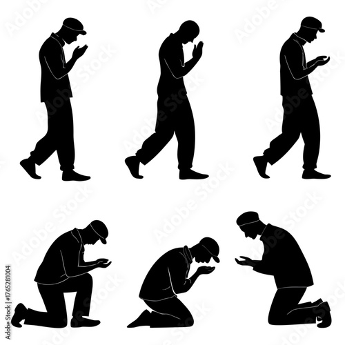 Black silhouette of a man praying in different poses