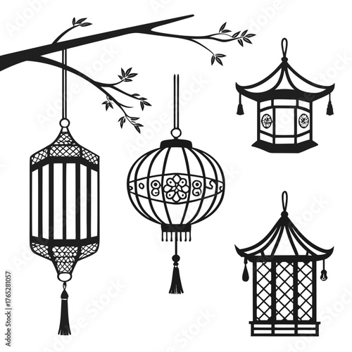 Black silhouette of asian lanterns hanging from a branch