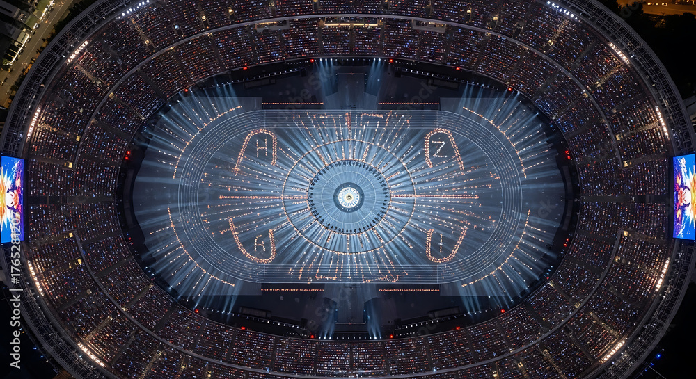 Obraz premium Spectacular Aerial View of a Mass Gathering in a Glowing Stadium