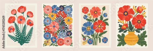Four Illustrations of Stylized Poppies and Various Flowers in Vibrant Colors Keywords: floral, illustration, poppy, flower, bouquet, vase