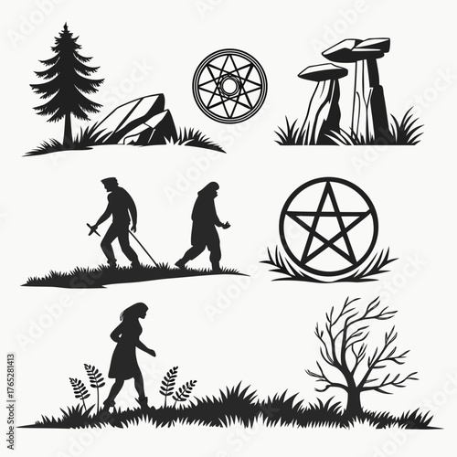 Black silhouette of people walking near mystical symbols and nature elements