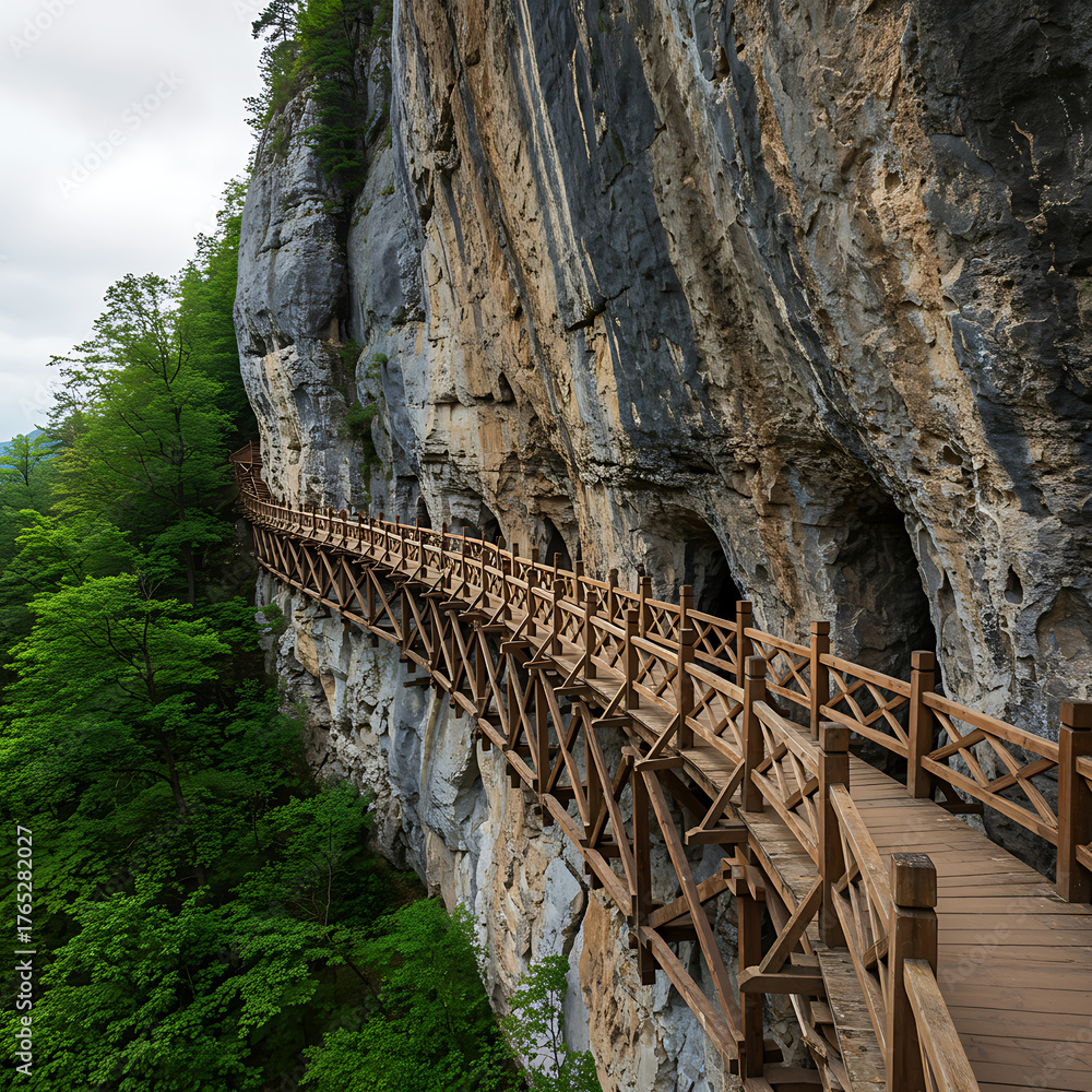 Fototapeta premium Wooden Boardwalk along Cliffside, Surrounded by Verdant Trees