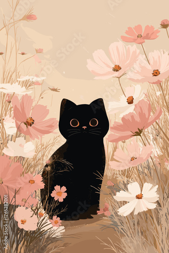 Black Cat Sitting in a Cosmos Flower Field, Warm Pastel Autumn Illustration