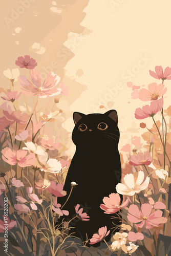 Black Cat Sitting in a Cosmos Flower Field, Warm Pastel Autumn Illustration