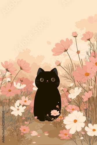 Black Cat Sitting in a Cosmos Flower Field, Warm Pastel Autumn Illustration