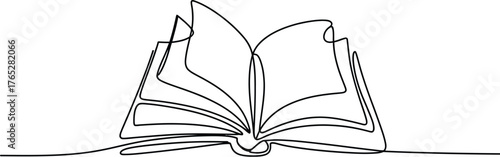 Continuous line drawing of open book isolated on white background for education concept