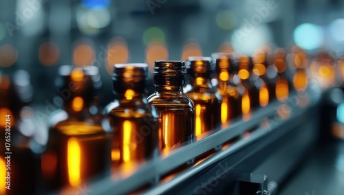 Vibrant close up of amber glass bottles on a manufacturing line