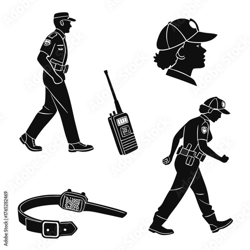 Black silhouette police officers walking and equipment