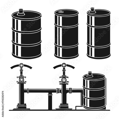 Black silhouette oil barrels and industrial pipeline