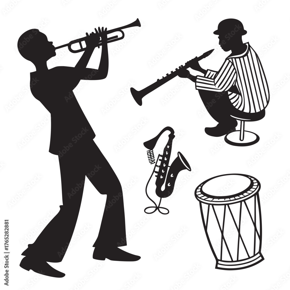 Naklejka premium Black silhouettes of musicians playing instruments and percussion
