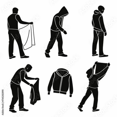 Black silhouettes of people interacting with clothing