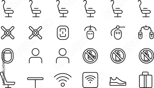 Various airplane icons isolated on white background, including seats, wifi, and no smoking symbols