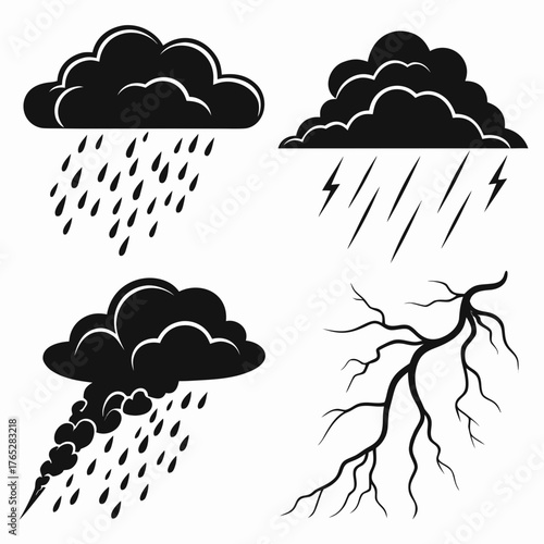 Black storm clouds rain lightning and thunderbolt icons