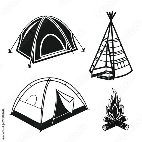 Camping icons tent teepee campfire black and white