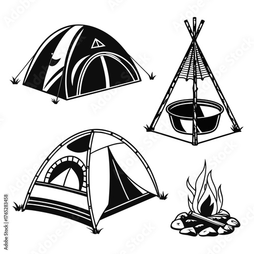 Camping tent teepee campfire icons black and white