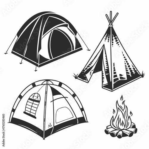 Camping tents and campfire illustration bonfire teepee