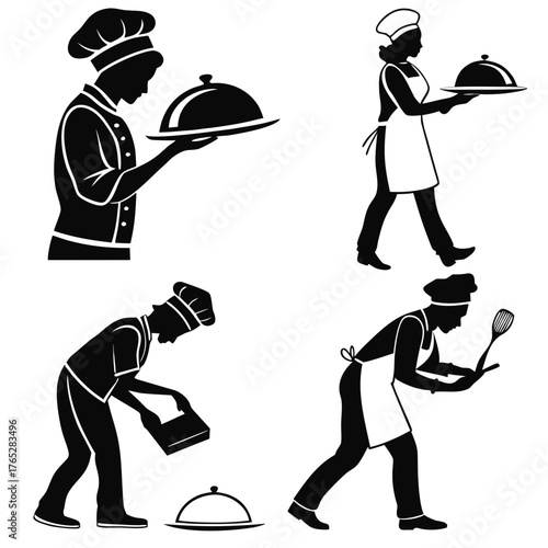 Chef silhouettes serving food and cooking vector
