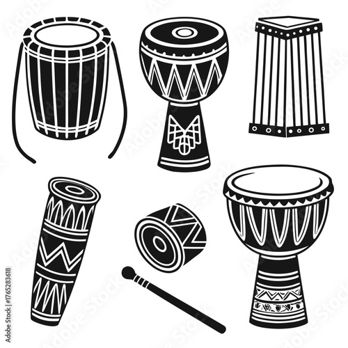 Collection of African drums and drumstick graphic djembe