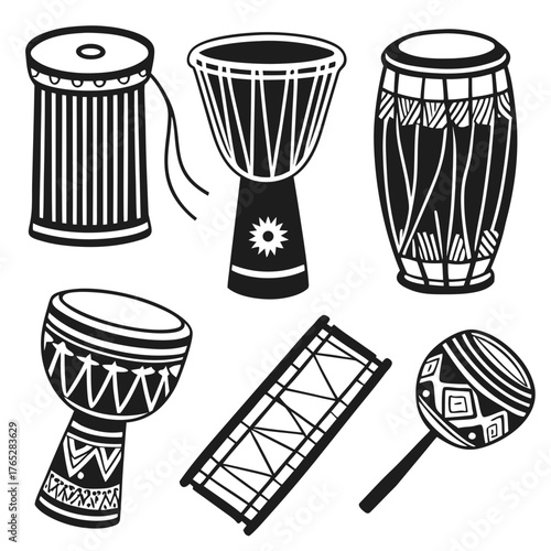 Collection of African drums and maraca djembe conga