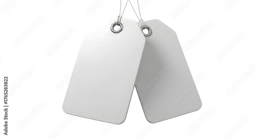 Fototapeta premium Two blank white price tags hanging by strings, isolated on transparent background