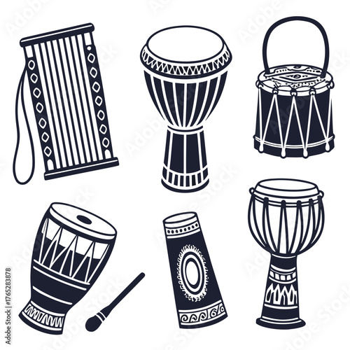 Collection of six African drums and a drumstick djembe