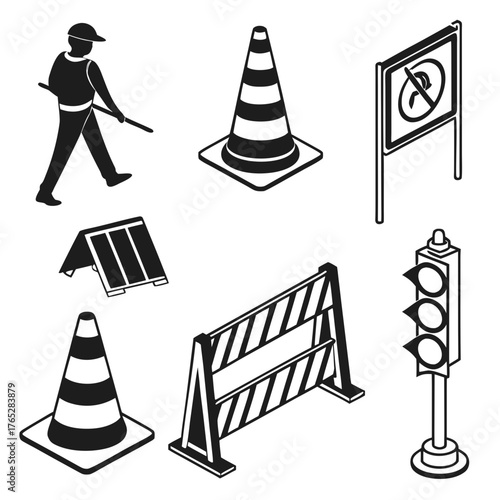 Construction worker traffic cones barrier sign and traffic light