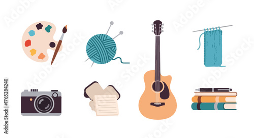 Creative Hobbies and Leisure Activities Icons Painting, Knitting, Photography, and Music