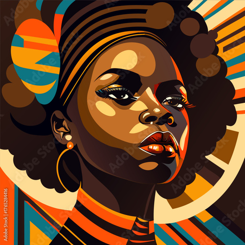 Bold digital portrait of a person with afro hairstyle, hoop earrings, and striped outfit. Vibrant orange, teal, and yellow tones with geometric background evoke modern, cultural, and artistic energy.
