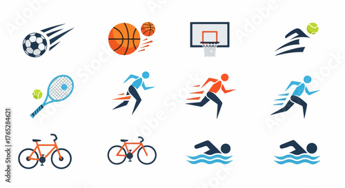 Sports Icon Set Soccer, Basketball, Tennis, Running, Cycling, Swimming Graphics for Various Uses