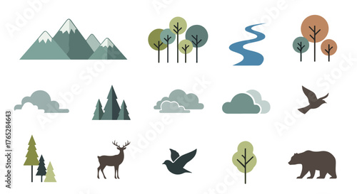 Nature Elements Icon Set Mountains, Trees, Clouds, Animals, and Landscape Illustrations