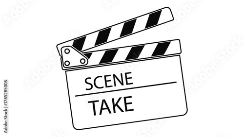 Illustration of a clapperboard isolated on white background, a classic symbol of filmmaking and movie production in a simple, vector design