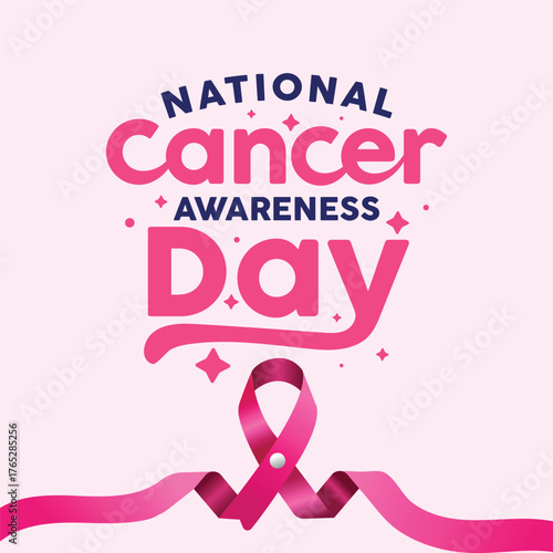 National Cancer Awareness Day India typography greeting card with ribbon icon. Elegant hand lettering design for poster, banner, campaign, or t-shirt print promoting cancer awareness.