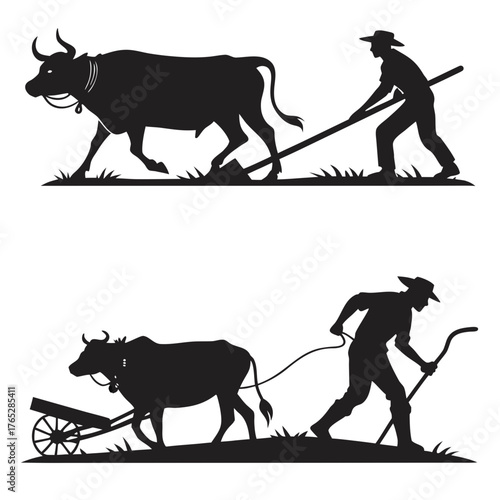 Farmer and ox plowing field and pulling cart silhouettes