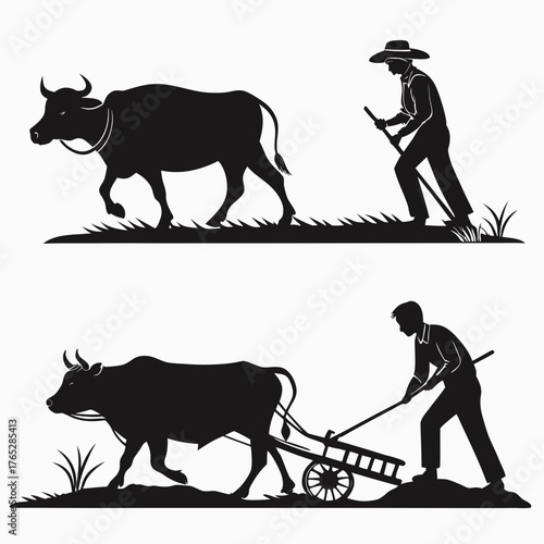 Farmers plowing fields with oxen silhouettes agriculture