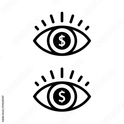 Greedy eye icon. Money obsession and materialistic vision symbol