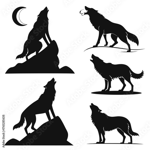 Five black wolf silhouettes howling at the moon and on rocks