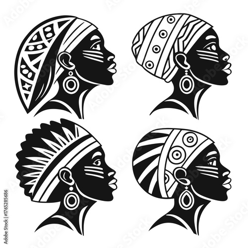 Four African women profiles with traditional headdresses and jewelry