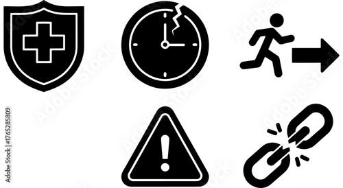 Risk management and safety icon set. Health protection shield, broken clock, emergency exit, warning sign and broken chain. Isolated black vector glyph on white background. For web design.